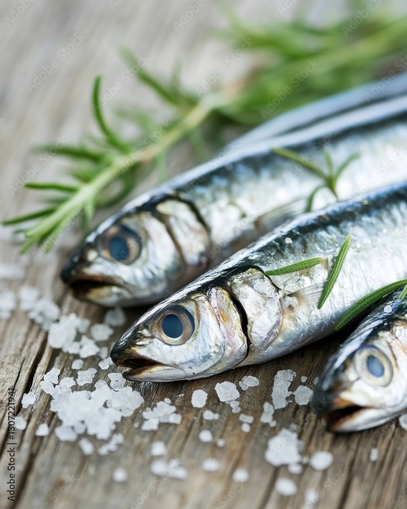 Fresh sardines on rustic wooden table with herbs and salt creating a cozy culinary atmosphere Fresh sardines on rustic wooden table with herbs and salt creating a cozy culinary atmosphere
