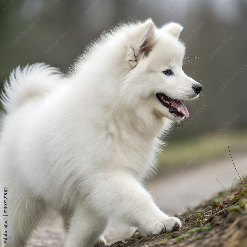 Fototapeta premium Portrait of a young Samoyed dog, showcasing its fluffy white fur and friendly expression