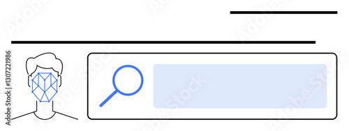 Persons face with geometric recognition pattern, magnifying glass over search bar emphasizes data analysis, identity verification. Ideal for security, privacy, AI, biometrics, technology, identity