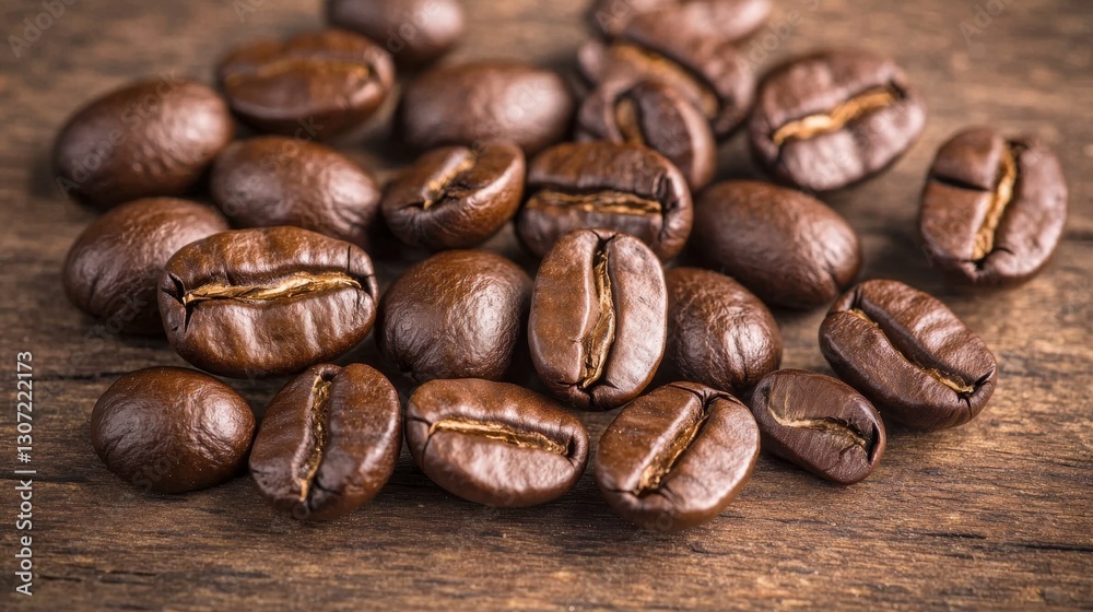 Freshly Roasted Coffee Beans on Rustic Wooden Surface with Natural Light and Texture Enhancement Freshly Roasted Coffee Beans on Rustic Wooden Surface with Natural Light and Texture Enhancement