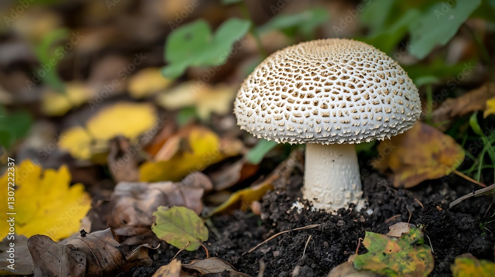 Single mushroom with white cap and stem among autumn leaves. Single mushroom with white cap and stem among autumn leaves.