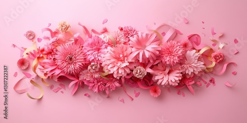 Arrangement of pink paper flowers with ribbons on light pink background