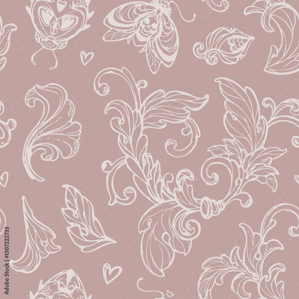 Fototapeta premium Vector hand-drawn seamless pattern featuring decorative floral elements and insects with skull motifs on a light brown background, suitable for wrapping paper, wallpapers, and fabric
