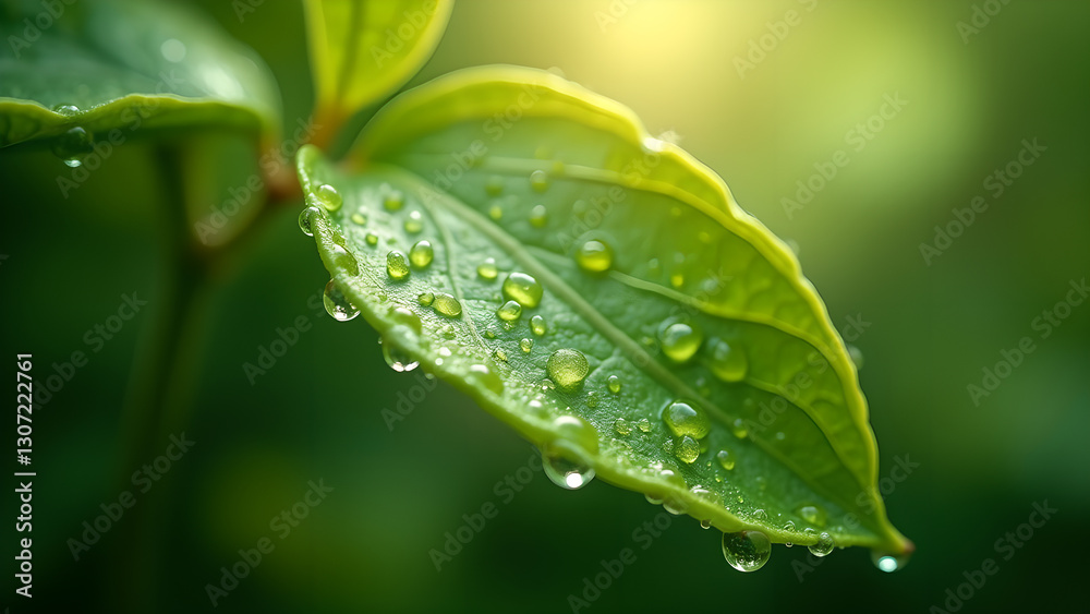 Fototapeta premium Fresh Dew Drops on Green Leaf Macro Nature