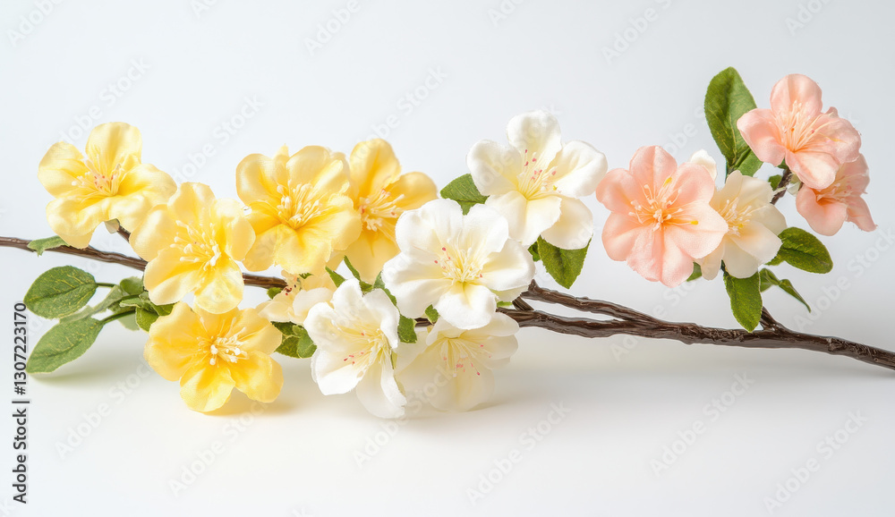 Fototapeta premium Pastel Yellow White Peach Artificial Flowers Branch on White Background