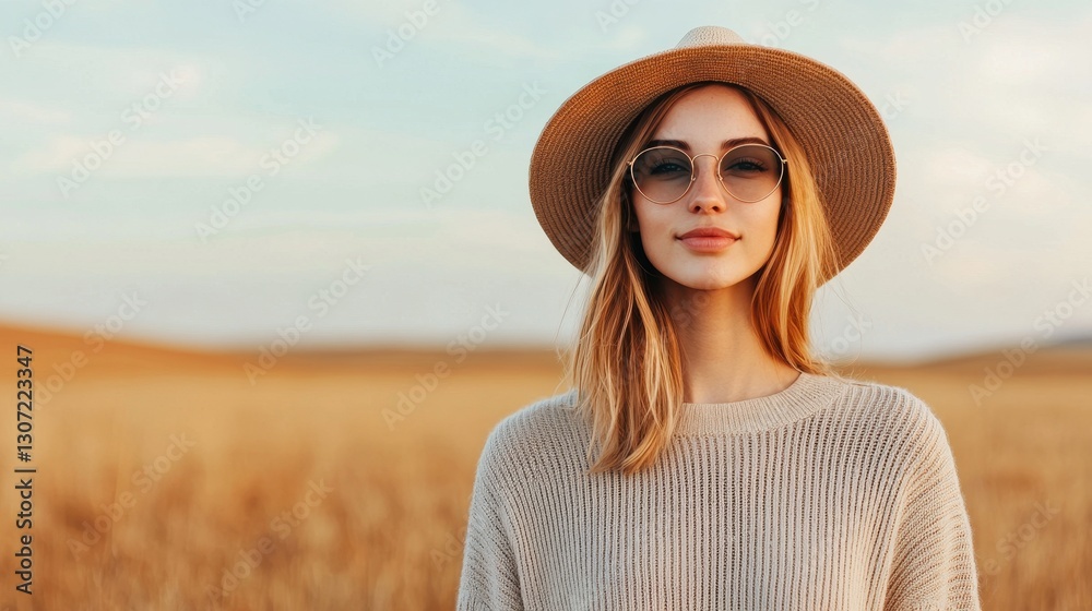 Obraz premium Young Woman Wearing Sunglasses and a Hat in a Golden Field Under a Clear Sky During a Warm Sunny Day