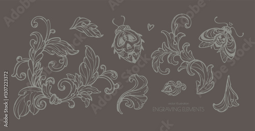 A monochromatic design of decorative floral elements and insects with skull motifs, drawn in engraving style on dark background