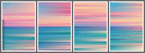 Set of summer gradient posters in minimal style. Pastel colors. Beautiful ocean beach horizon with sunrise or sunset. Trendy design with ambient soft blurred background for banner, flyer or cover