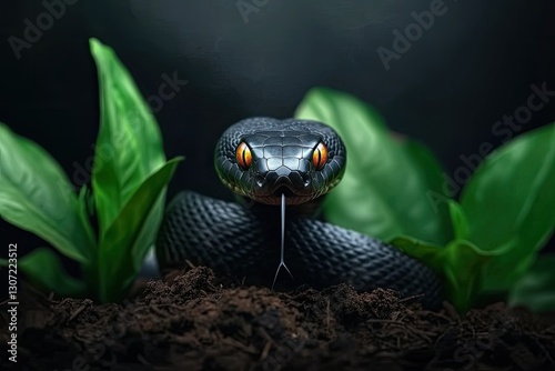 A close-up of a black snake with striking yellow eyes, poised among green leaves, creating a captivating and mysterious atmosphere.