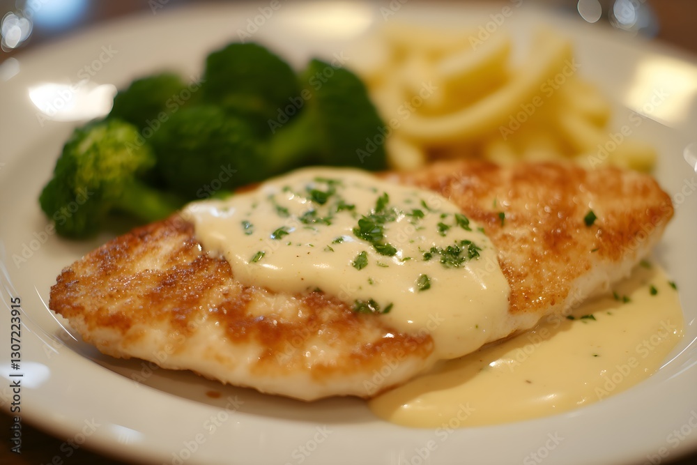 Detailed Shot of White Fish Fillet with Hollandaise Sauce and Steamed Broccoli Detailed Shot of White Fish Fillet with Hollandaise Sauce and Steamed Broccoli