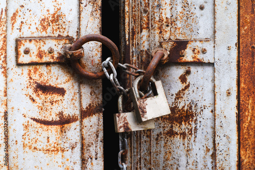 Old metal rusty door, locked with a chain and two padlocks