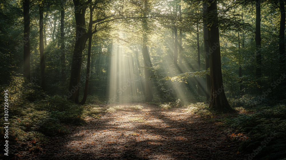 Fototapeta premium Sunbeams illuminate mystical forest path green trees nature ray calm dark woods light scenic summer