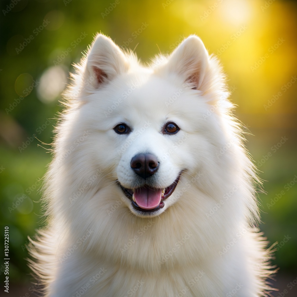 Fototapeta premium Portrait of a young Samoyed dog, showcasing its fluffy white fur and friendly expression