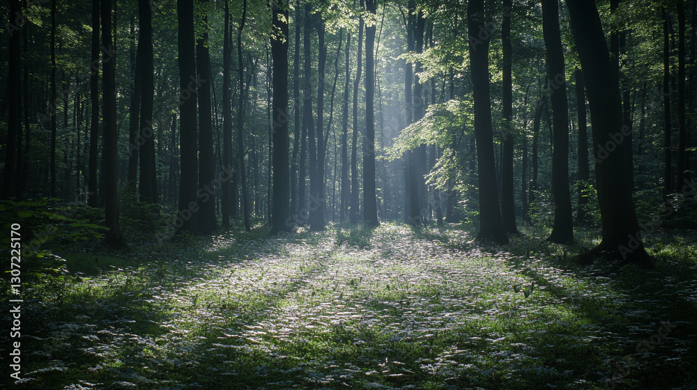 Fototapeta premium Sunbeams illuminate mystical forest floor with green plants calm trees woods light image photo flora