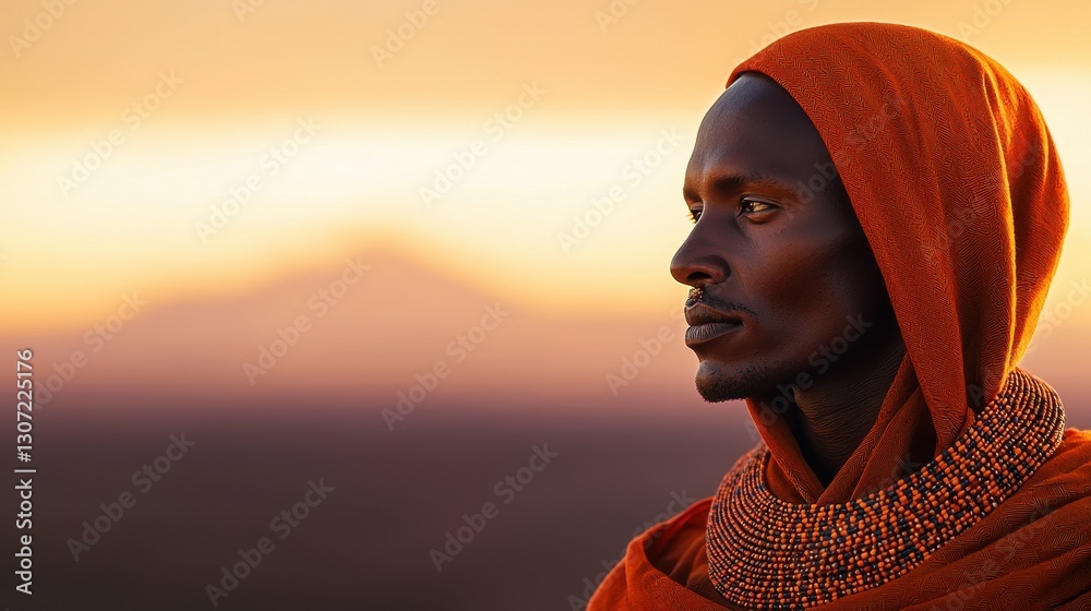 Portrait of a Maasai Man in Traditional Attire Against a Dramatic Sunset Background in Africa Portrait of a Maasai Man in Traditional Attire Against a Dramatic Sunset Background in Africa