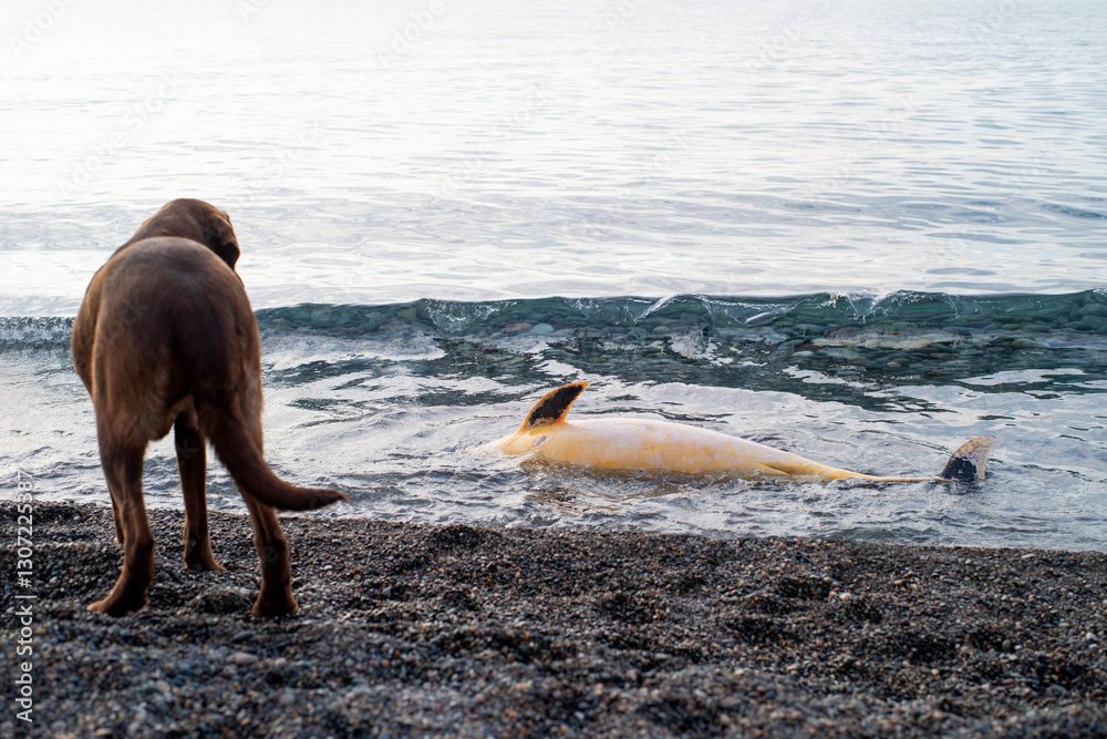 Fototapeta premium The carcass of a dead dolphin washed up on the seashore and a dog looking at it. Ecology and fauna of the sea.