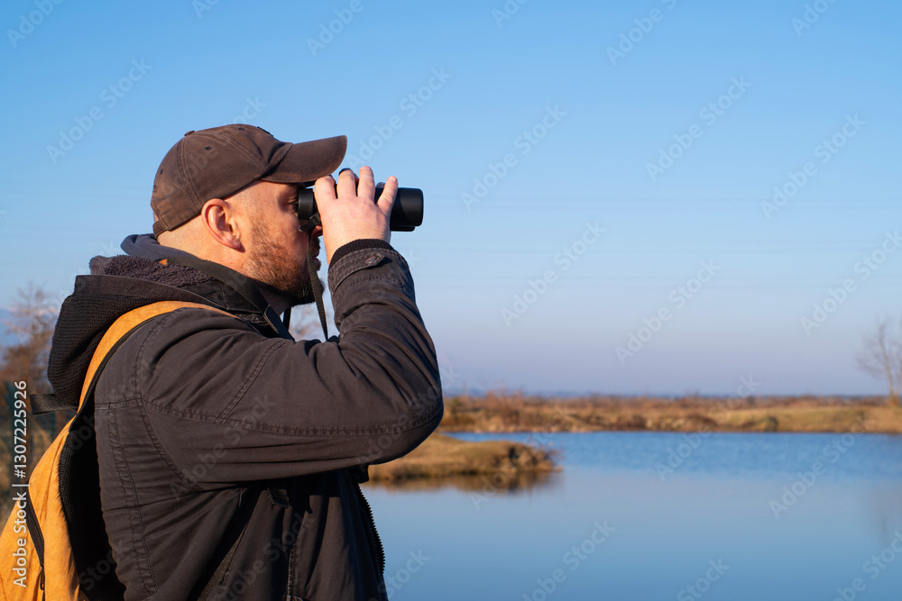 Obraz premium A man in a cap and with a yellow backpack on the shore of a lake on a sunny day in spring watches birds and wild animals with binoculars against a blue sky. Bird watching