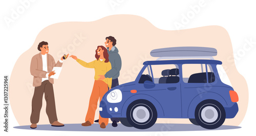 Young couple buying car. Auto dealer selling vehicle to happy man and woman. Automobile dealership agent talking with clients. Transport purchase. Salesman and buyers. Vector concept