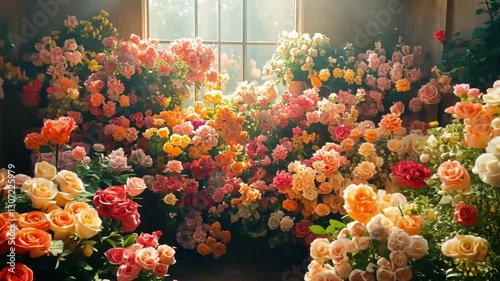 Colorful roses fill sunlit room, floral display, indoor garden