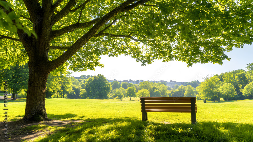 A peaceful park scene featuring a wooden bench under a large tree, surrounded by lush greenery and sunlight filtering through the leaves A peaceful park scene featuring a wooden bench under a large tree, surrounded by lush greenery and sunlight filtering through the leaves