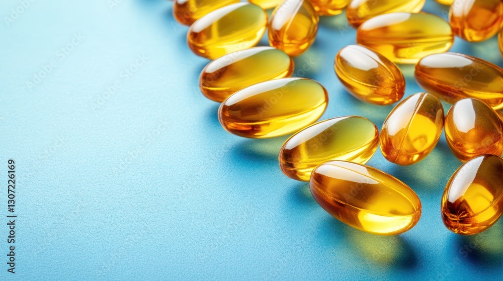 Close-up of scattered translucent amber softgel capsules on a blue background. Close-up of scattered translucent amber softgel capsules on a blue background.