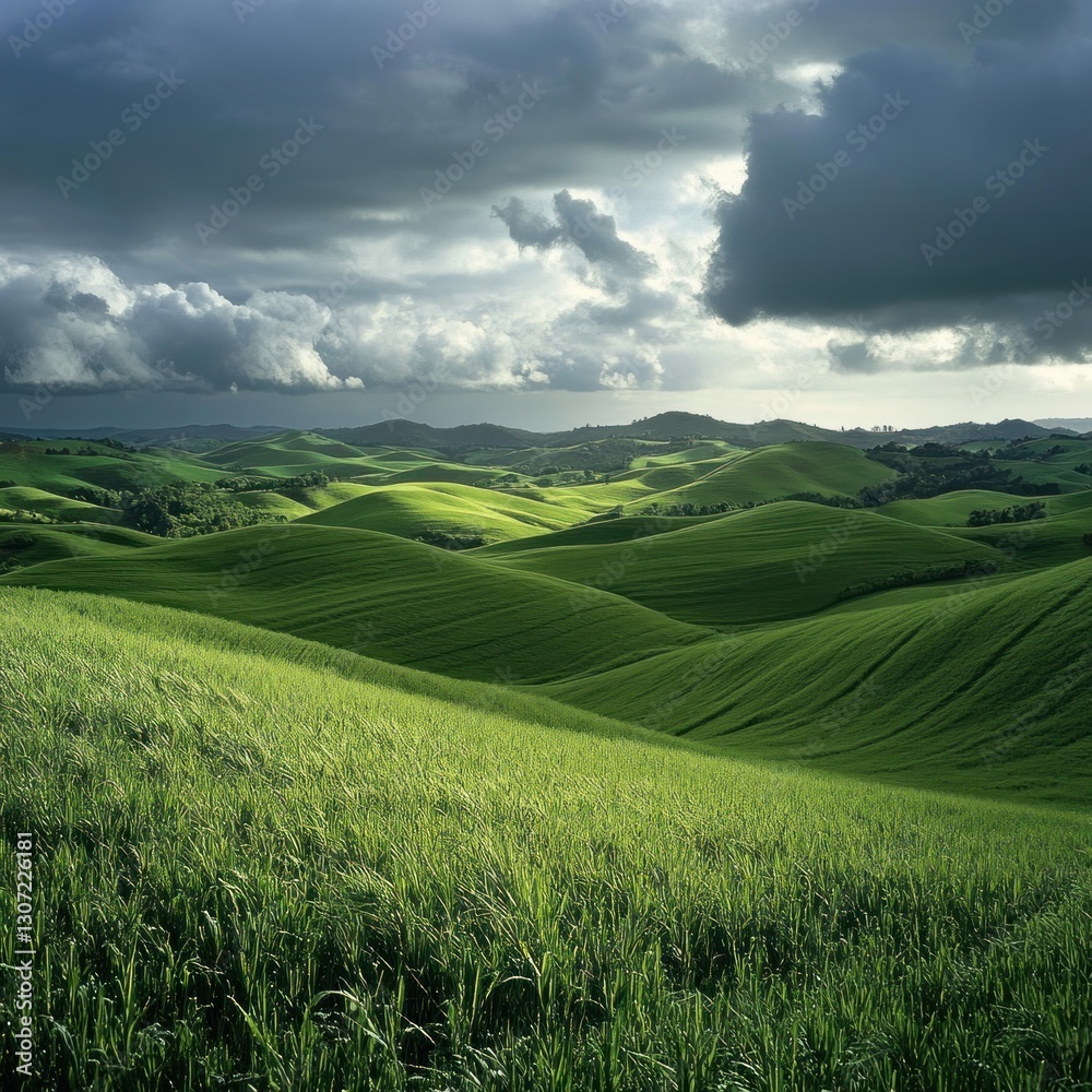 Obraz premium Rolling green hills under dramatic sky.