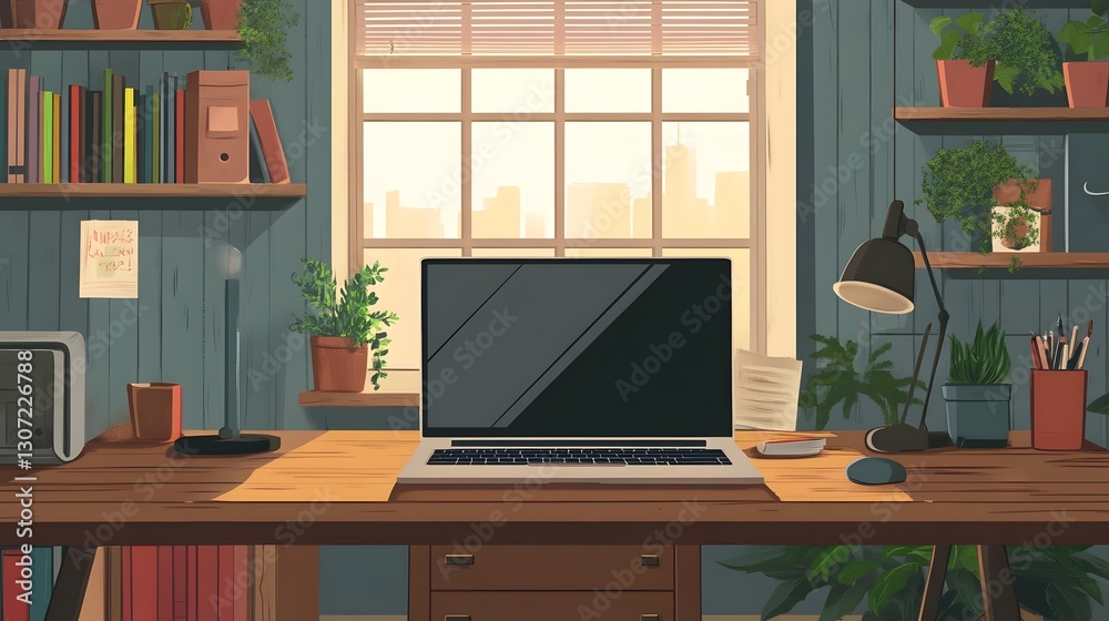 A modern workspace featuring a laptop with a blank screen on a desk, representing productivity, technology, workplace technology, remote work, digital productivity and modern office environments. A modern workspace featuring a laptop with a blank screen on a desk, representing productivity, technology, workplace technology, remote work, digital productivity and modern office environments.