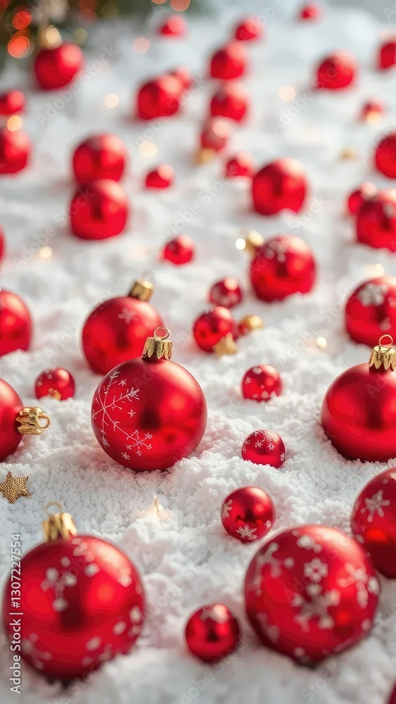 Colorful festive red baubles scattered on pristine snow, snowflakes, festive lights, sparkling decoration Colorful festive red baubles scattered on pristine snow, snowflakes, festive lights, sparkling decoration