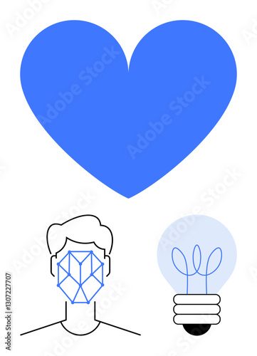 Large blue heart, stylized face with geometric lines overlay, lightbulb with sprouting plants. Ideal for love, innovation, technology, sustainability, creative ideas, human connection modern