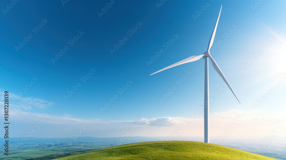 Obraz premium Aerial view of wind turbine on hill under clear blue sky, symbolizing renewable energy