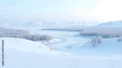 Serene Winter Scenery: Snow-Covered Landscape with Frozen River, Mountains, and Trees