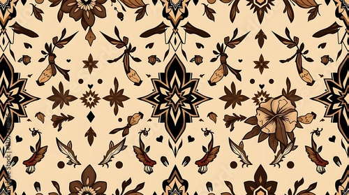 Floral Ornament: A repeat pattern of floral ornament with unique design for fabric design, wallpaper, print or packaging.