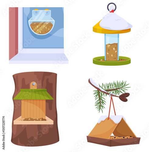 Winter bird feeders. Feeding bowl at window. Birdie house hanging on tree branches. Food for animals caring. City birdwatching. Dispenser tube with cereal. Wooden birdhouses vector set