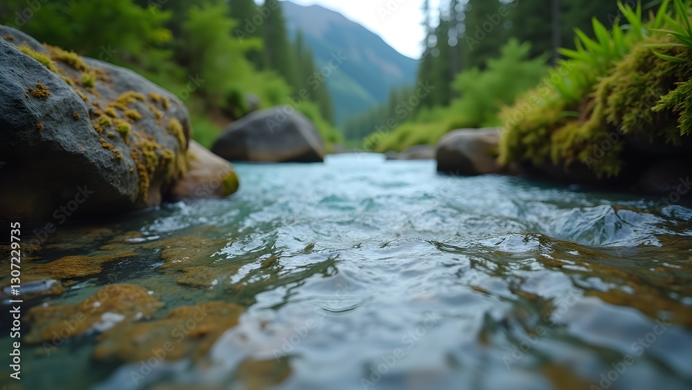 Obraz premium Scenic Mountain River Flowing Through Forest Landscape with Moss Covered Rocks