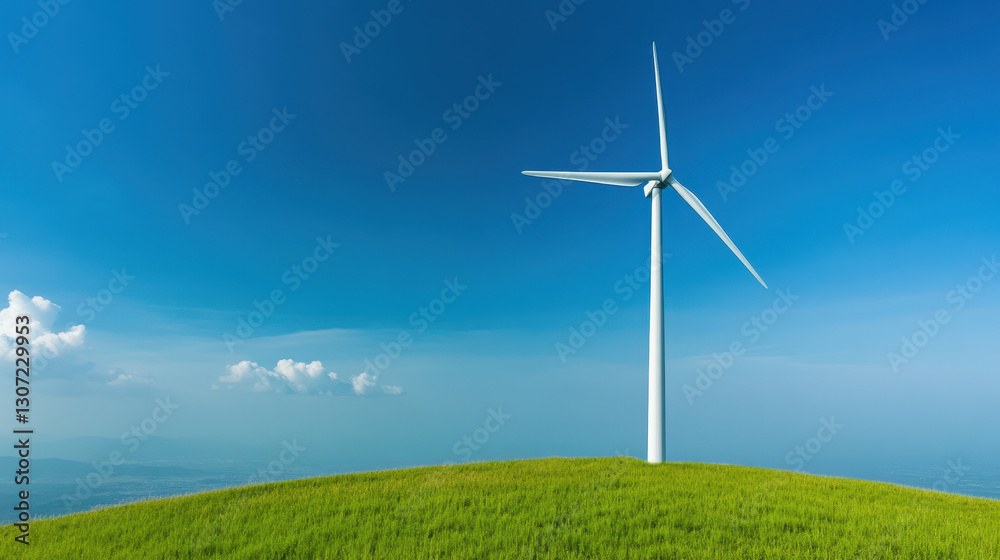white wind turbine stands tall on green hilltop under blue sky