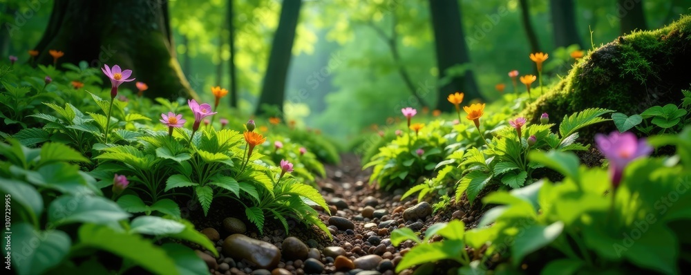 Obraz premium Forest floor covered with ferns and wildflowers, flower, foliage, earthy