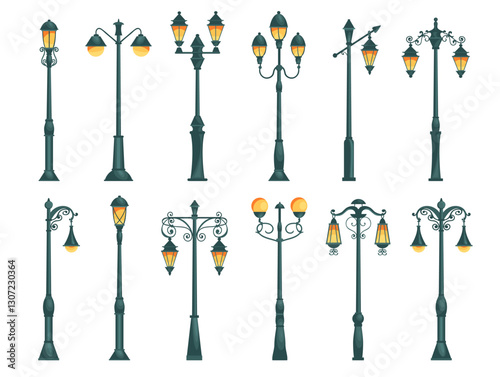 Street city lights. Decorative retro and modern lanterns. Outdoor electrical lamps. Vintage streetlights. Gothic lampposts. Classic illumination. Urban park elements. Splendid vector set