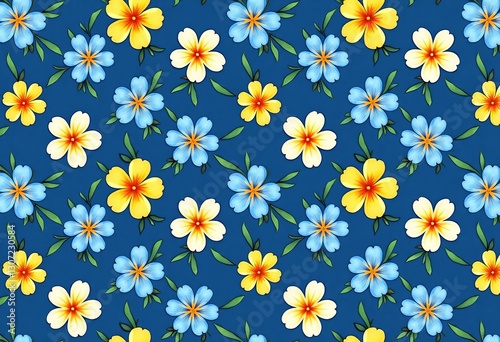 Wallpaper Mural Seamless Hawaiian Flower Pattern: Blue, Yellow, and White Floral Design on Solid Blue for Apparel and Textile Manufacturing

 Torontodigital.ca