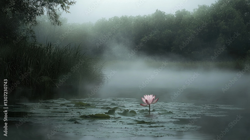 Fototapeta premium A lone lotus flower floating amidst a misty water surface