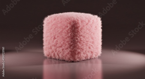 Pink Fluffy Cube on a Reflective Floor