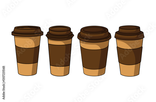 Coffee paper cup, mug mockups, cardboard and plastic package with lids.Realistic elements. Disposable coffee cups, mugs for hot drinks from white, brown and black paper set 