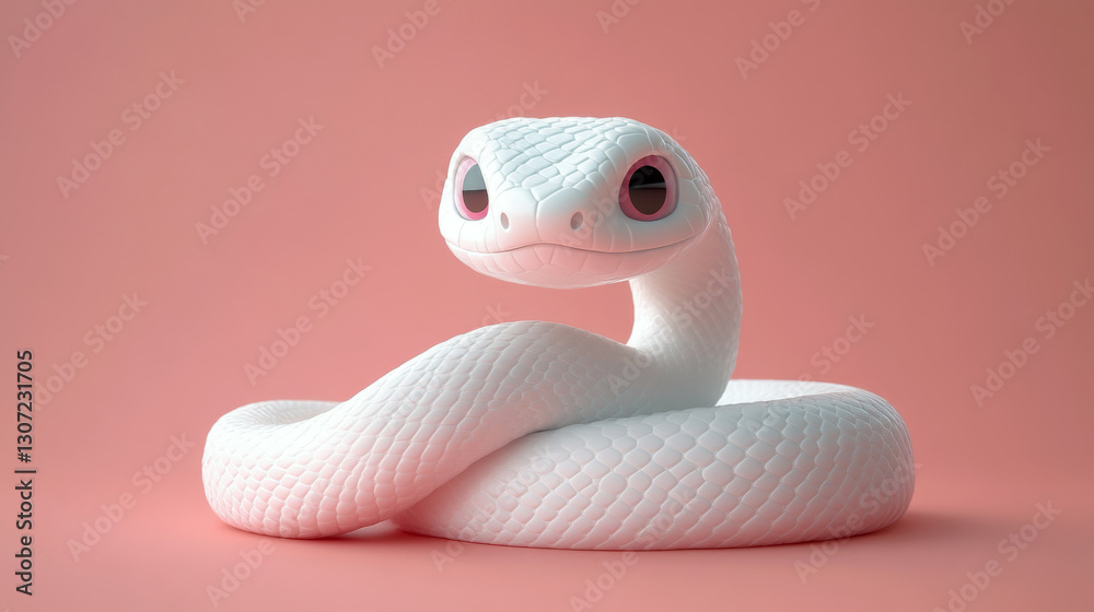 Fototapeta premium A cute white snake with a slightly cocked tail, mascot. isolated on pink background.