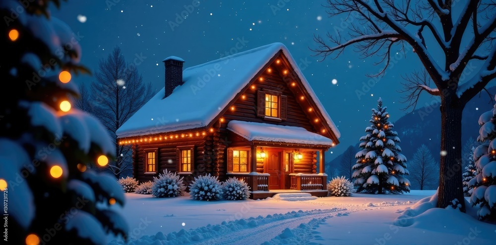 Lebkuchenhouse at night with twinkling lights and snowflakes, holiday cheer, sparkling Lebkuchenhouse at night with twinkling lights and snowflakes, holiday cheer, sparkling
