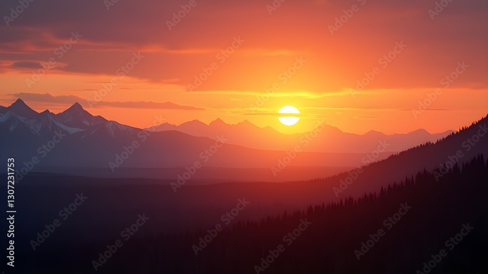 Obraz premium Scenic Mountain Landscape at Sunset with Forest and Snowy Peaks, Tranquil Nature Vista