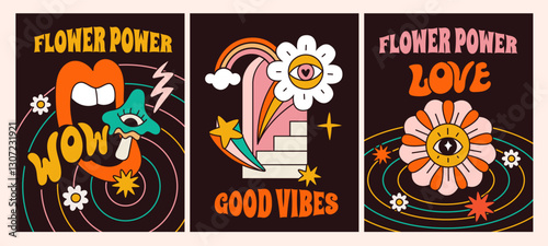 Psychedelic hippie cards. Vintage groovy posters. Bright abstract trip symbols. Good vibes. Surreal acid elements. Mushrooms and rainbows. Arch door ladder. Daisy flower. Garish vector set