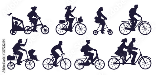People on bicycles. Man and woman ride on bikes. Bicyclist black silhouettes. City transportation. Cycle stroller trailer for kids. Person baking in park. Cycling friends vector set