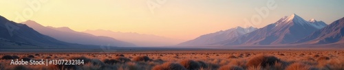 Lonely landscape with mountains in the distance, vastness, peaceful