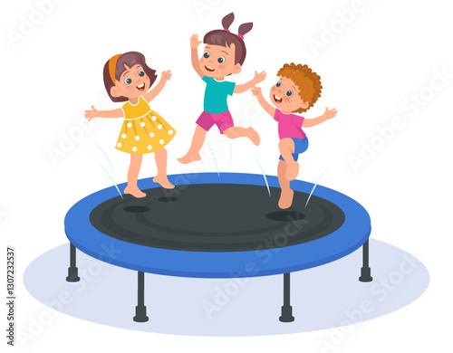 Joyful children jumping on trampoline. Kids bouncing and leaping. Girl and boy trampolining. Amusement park. Fun exercises. Playground active leisure. Friends play game. Vector concept