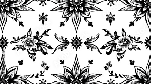 Floral Flourish Pattern: An intricate seamless pattern bursts forth with stylized black and white floral arrangements and ornamental accents, offering a captivating design aesthetic.