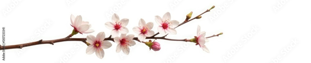 Obraz premium Single branch with leaves and flowers isolated on white background, isolated, minimalist